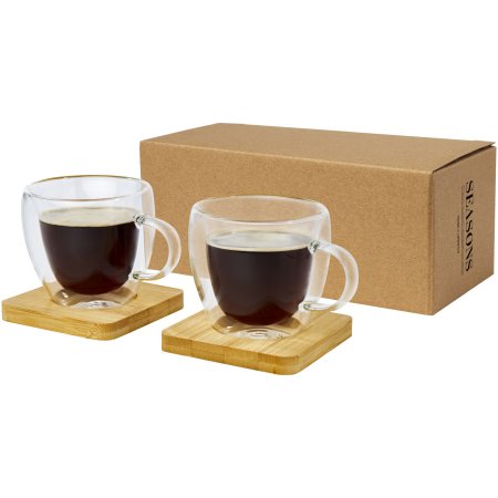 Tasse Manti 2 pièces en verre à double paroi de 100 ml avec sous-verre en bambou 