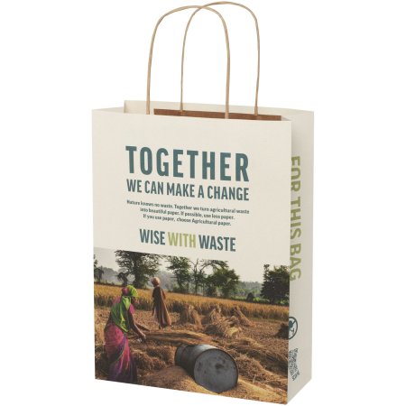 Sac en papier fabriqué à partir de déchets agricoles 150 g/m2 avec poignées torsadées, taille moyenne 