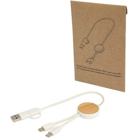 Câble 5 en 1 Chechia en plastique recyclé de 30 cm pour la synchronisation des données et la charge rapide de 27 W avec détails en bambou