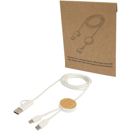 Câble 5 en 1 Chechia en plastique recyclé de 150 cm pour la synchronisation des données et la charge rapide de 27 W avec détails en bambou