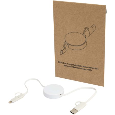 Câble rétractable 5 en 1 Citala en plastique recyclé de 90 cm pour la synchronisation des données et la charge rapide de 40 W