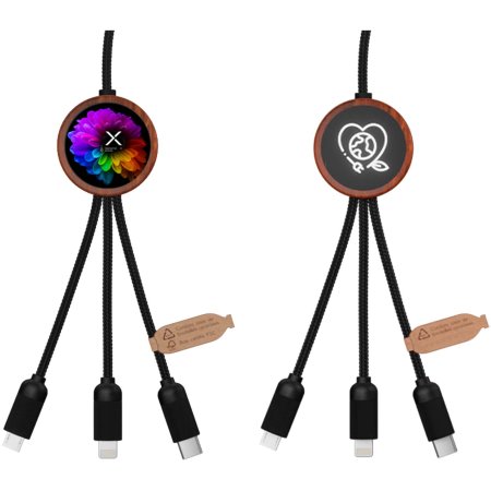 Câble de charge 5-en-1 SCX.design C37 en rPET avec logo lumineux et boîtier rond en bois de 40 W