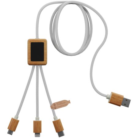 Câble de charge 3-en-1 SCX.design C39 en rPET avec logo lumineux et boîtier carré en bambou